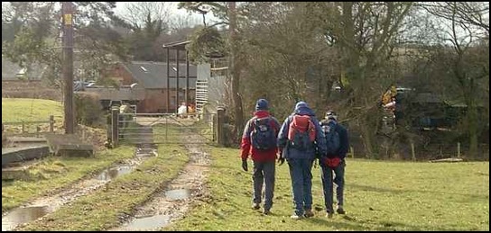 Peter, Larry and Mick approaching Sturton Mill and the Up'ards Goal.