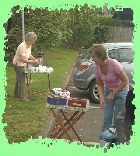 Lin, and her sister Carol, getting the food ready in the car park of the Queen and Castle