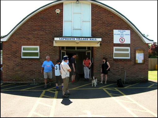 Walkers about to leave the Lapworth Village Hall for the afternoon trek .