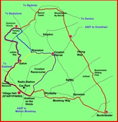 Yellow is the 10 mile route. Blue is the 16 mile route. Red is the 26 mile route. Red 'dots' are the Check Points .