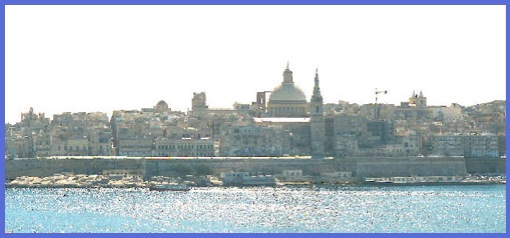 Valletta, with the sun making the sea sparkle.<br />