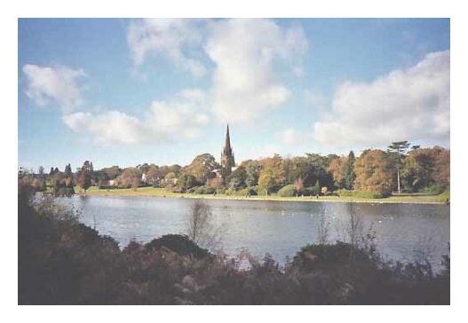 Looking at Clumber Chapel from the south east bank of Clumber Lake
