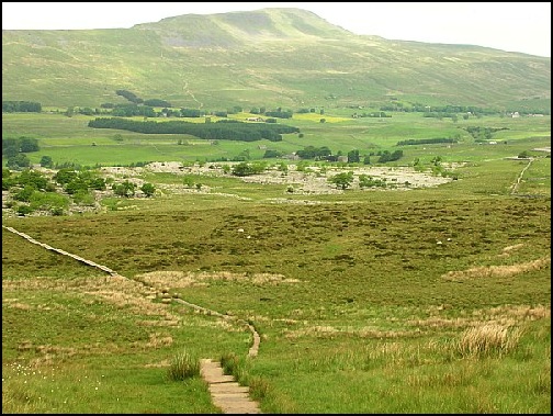 Looking downhill - Note the boardwalk to the left, limestone pavements to the centre of the picture and Whernside in the distance.