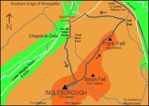 Map of our route up and down Ingleborough and Park Fell.