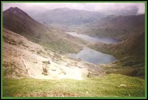 Immediately below are the Zig Zags at the top of the Pyg Track. Crib Goch is on the left and Llyn Glaslyn and Llyn Llydaw are the two lakes